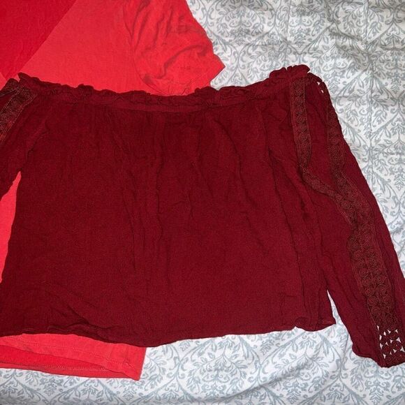 2 red shirts bundle set keyhole cutout t-shirt, and off the shoulder lacy eyelet - Picture 1 of 4